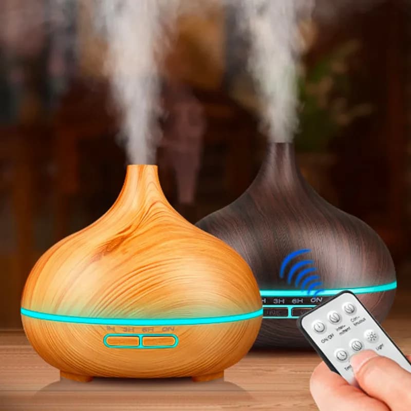 Diffuseur d’Huiles Essentielles pour Humidificateur à Ultrasons – 500ml avec Télécommande, Humidificateur Électrique en Bois
