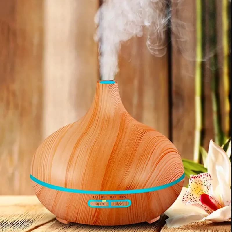 Diffuseur d’Huiles Essentielles pour Humidificateur à Ultrasons – 500ml avec Télécommande, Humidificateur Électrique en Bois