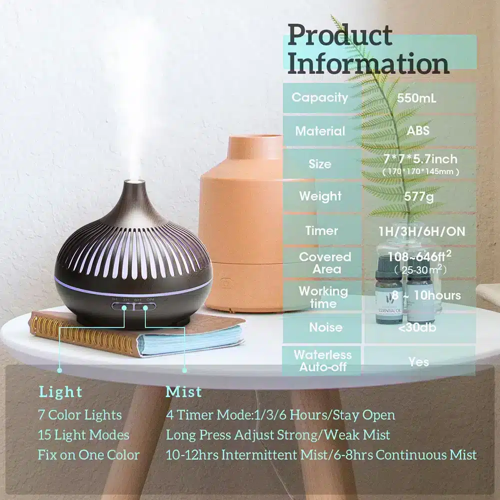 Diffuseur d’Huiles Essentielles pour Humidificateur à Ultrasons – 500ml avec Télécommande, Humidificateur Électrique en Bois 8 Brume aromatique douce et relaxante