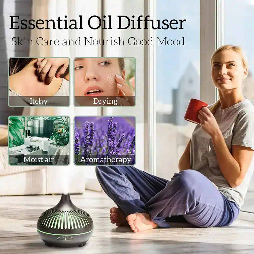 Diffuseur d’Huiles Essentielles pour Humidificateur à Ultrasons – 500ml avec Télécommande, Humidificateur Électrique en Bois 5 Humidificateur ultrasonique en bois 500ml