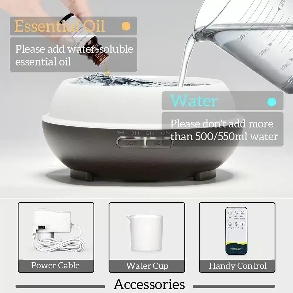 Diffuseur d’Huiles Essentielles pour Humidificateur à Ultrasons – 500ml avec Télécommande, Humidificateur Électrique en Bois 10 Humidificateur avec télécommande et minuterie 02