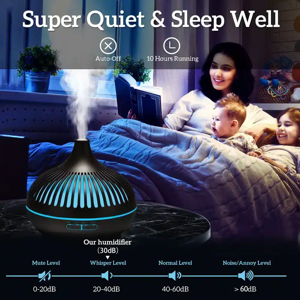 Diffuseur d’Huiles Essentielles pour Humidificateur à Ultrasons – 500ml avec Télécommande, Humidificateur Électrique en Bois 7 Diffuseur huiles essentielles avec LED