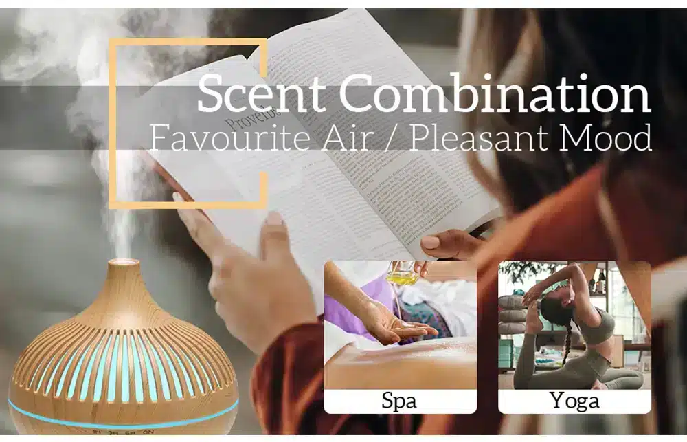 Diffuseur d’Huiles Essentielles pour Humidificateur à Ultrasons – 500ml avec Télécommande, Humidificateur Électrique en Bois 12 Diffusion continue d’huiles essentielles